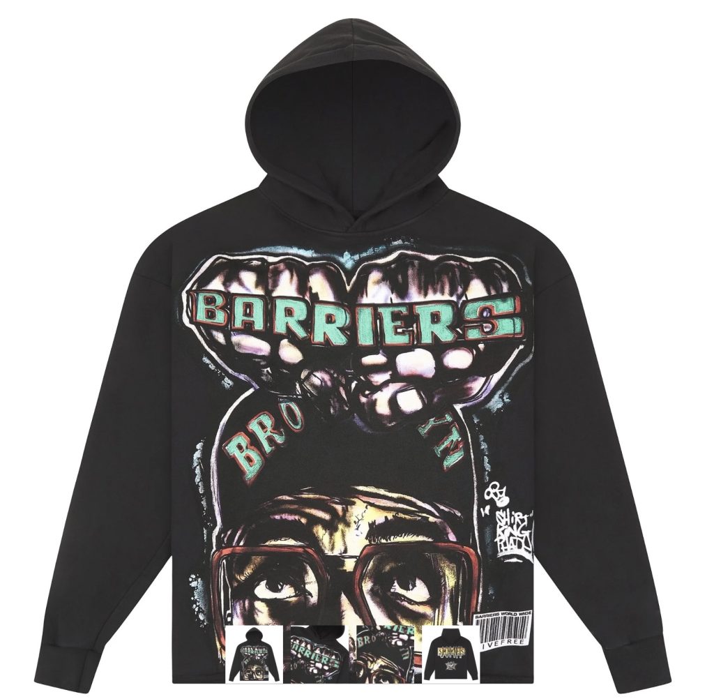 Barriers hoodie featuring King Phade’s airbrush portrait of Spike Lee with bold, colorful graphics